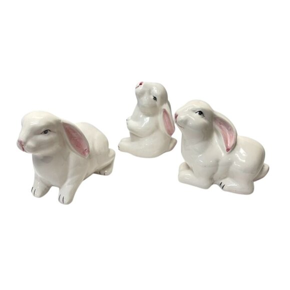 Set of 3 Ceramic Bunny Figurines Hand Painted Glazed White Rabbits Easter Decor - Picture 2 of 6